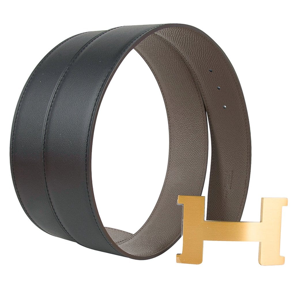 Hermes Belt H Constance 42mm Reversible Etain / Black Brushed Gold Buckle 90
