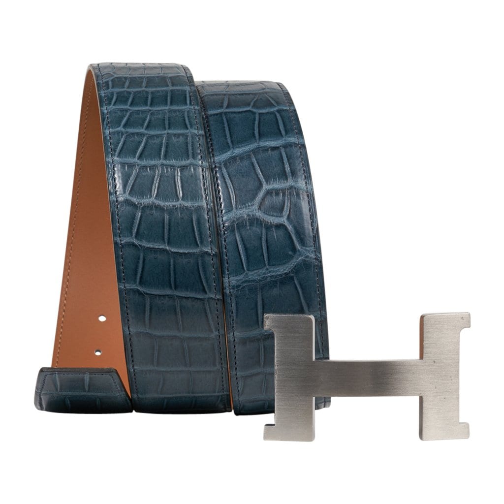 Hermes Constance Belt 42 MM Bleu Tempete Matte Porosus Crocodile with Palladium Buckle 90