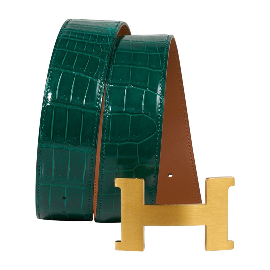 Hermes Constance Belt 42 MM Emerald Porosus Crocodile Brushed Gold Buckle 80