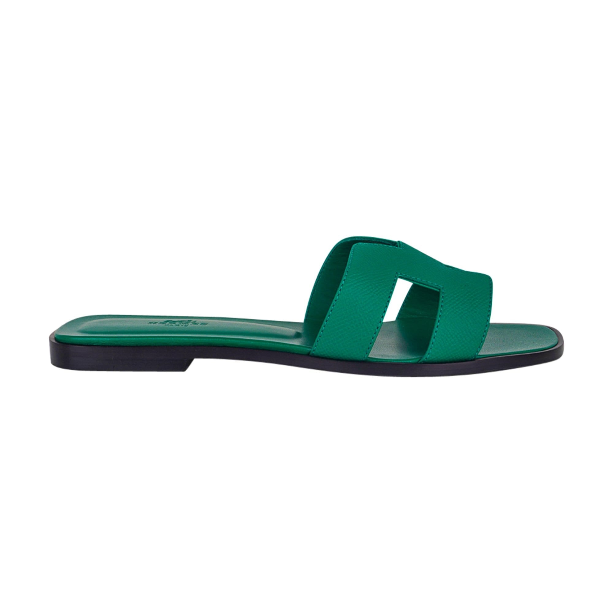 Hermes Emerald Oran Sandal Epsom Leather Flat Shoes 37