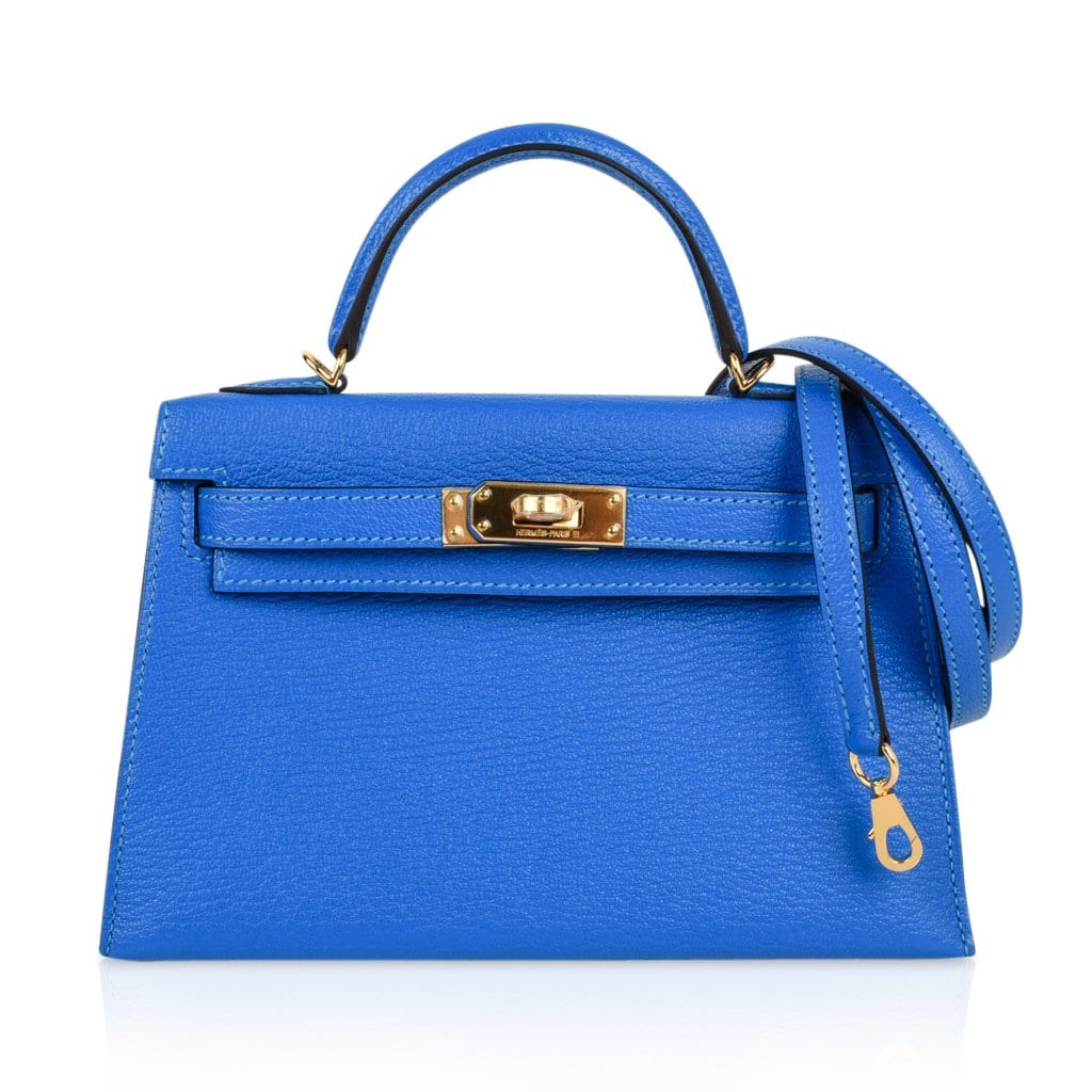 Hermes Kelly 20 Mini Sellier Bag Blue Hydra Chevre Leather Gold Hardware