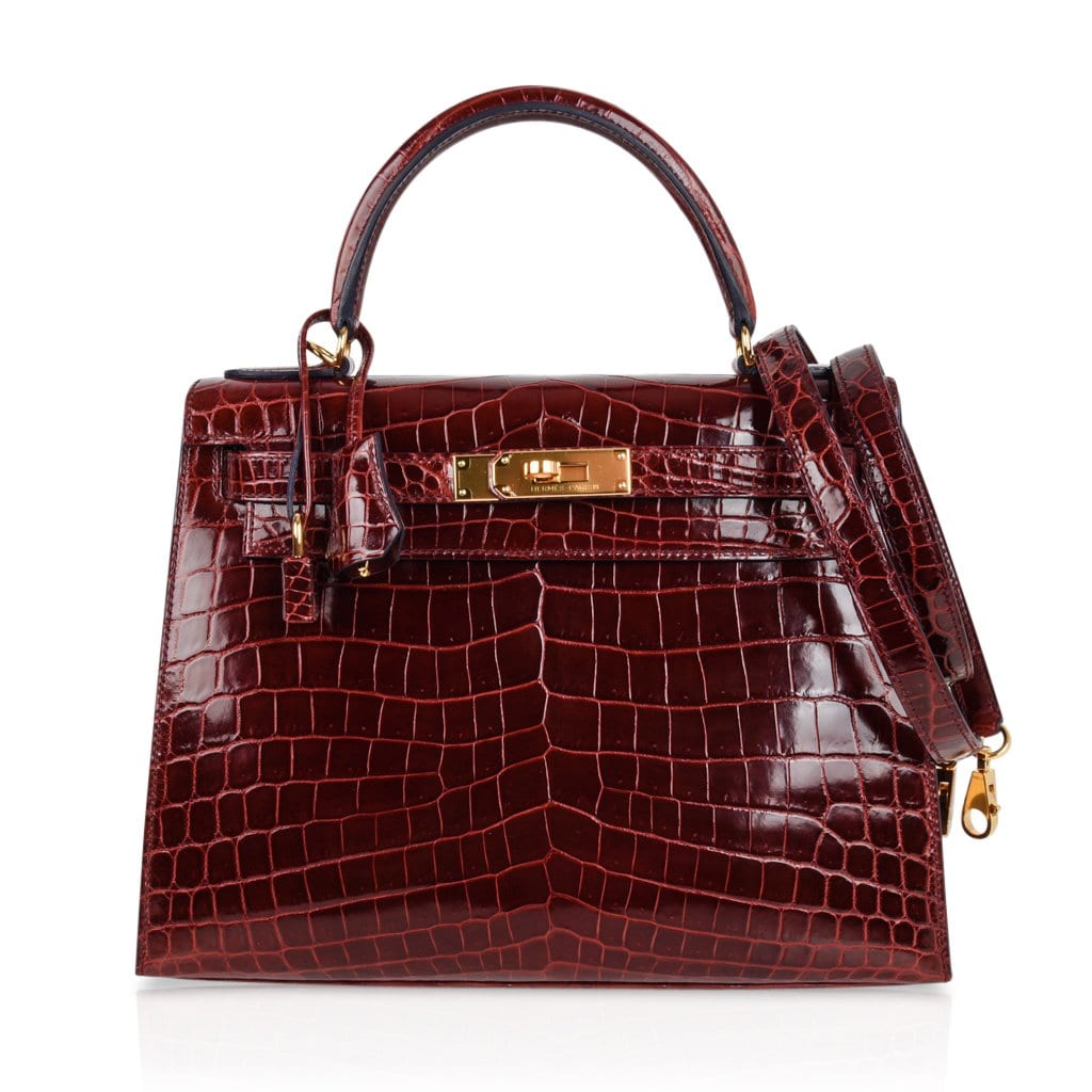 Hermes Kelly 28 Bag Sellier Bourgogne Red Navy Contour Crocodile Gold Hardware