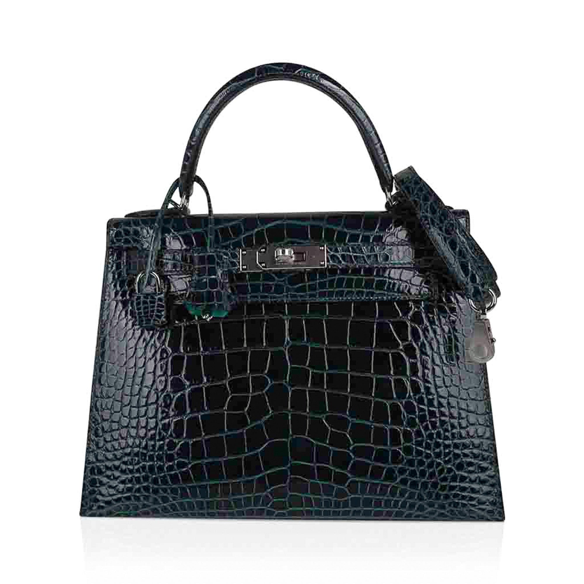 Hermes Kelly 28 Sellier Verso Vert Cypress / Vert Jade Bag Alligator Palladium Hardware