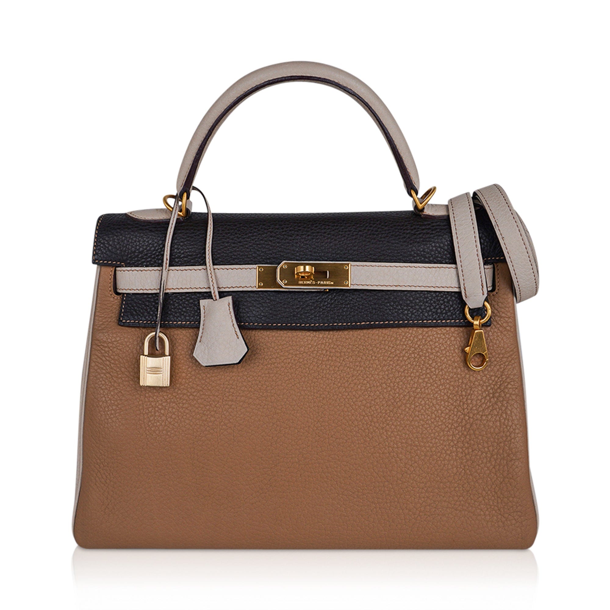 Hermes Kelly 32 Tri-Color Bag Tabac Camel/Ebene/Parchemin Brushed Gold Hardware Limited Edition