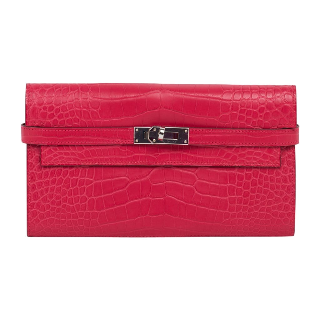 Hermes Kelly Classic Wallet / Clutch Rose Extreme Matte Alligator
