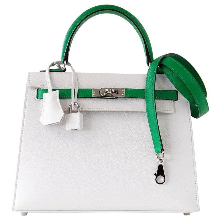 Hermes Kelly HSS 25 Sellier Crisp White Fresh Bamboo Epsom Palladium