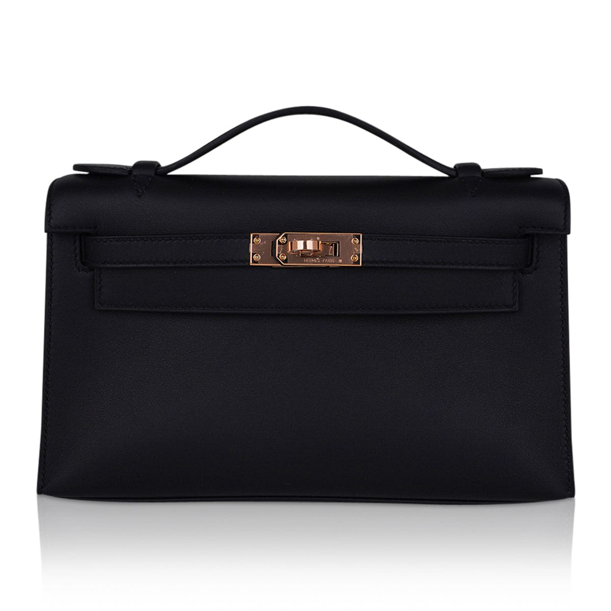 Hermes Kelly Pochette Bag Black Rose Gold Hardware Clutch