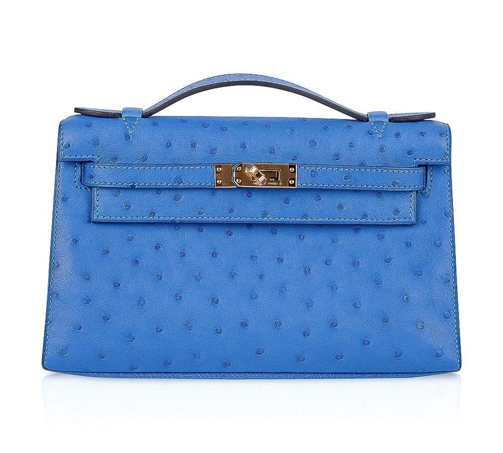 Hermes Kelly Pochette Bag Bleuet Ostrich Clutch Gold Hardware