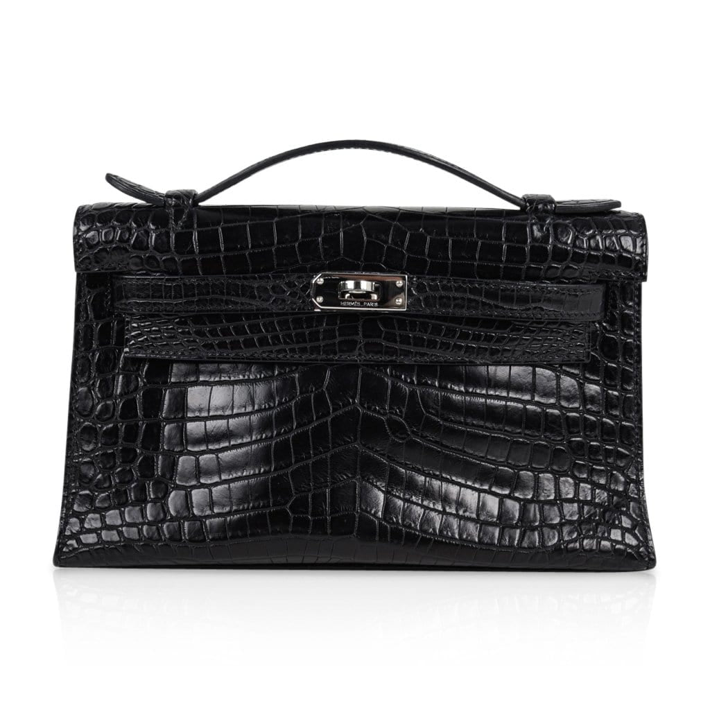 Hermes Kelly Pochette Bag Matte Black Crocodile Clutch Palladium