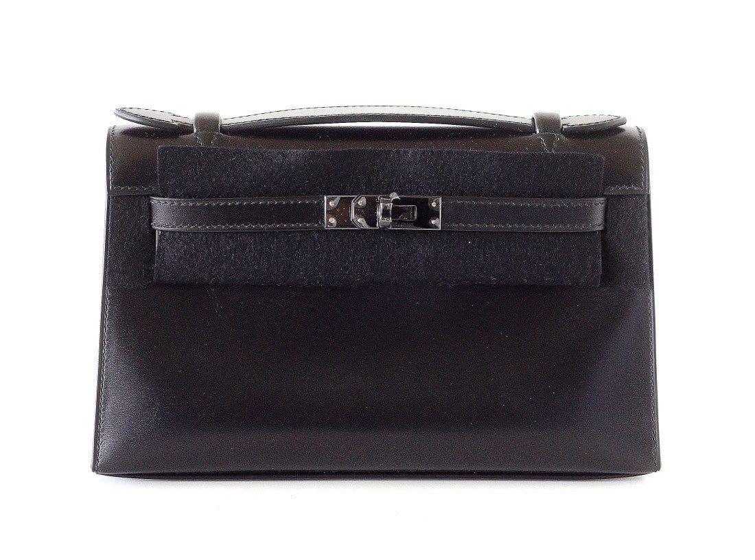 Hermes Kelly Pochette Clutch Bag Limited Edition So Black Box Leather Very Rare