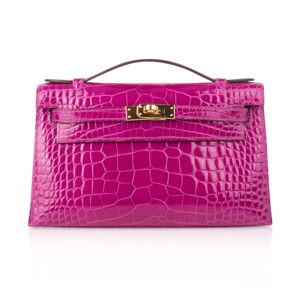 Hermes Kelly Pochette Clutch Bag Rose Scheherazade Pink Alligator Gold Hardware