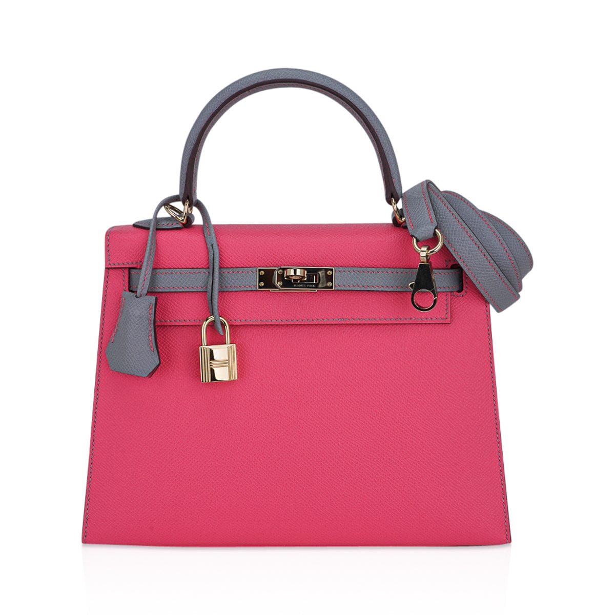Hermes Kelly Sellier 25 HSS Bag Rose Azalee/Gris Mouette Leather Permabrass