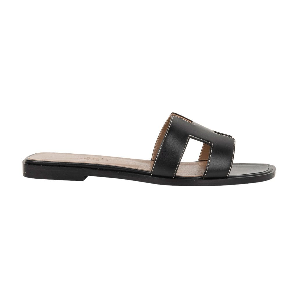 Hermes Shoes Flat Oran Sandal Black Calfskin White Top Stitch 39